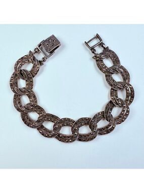 Vintage Large Marcasite 16mm Flat Curb Chain Link Sterling Silver 925 Bracelet
